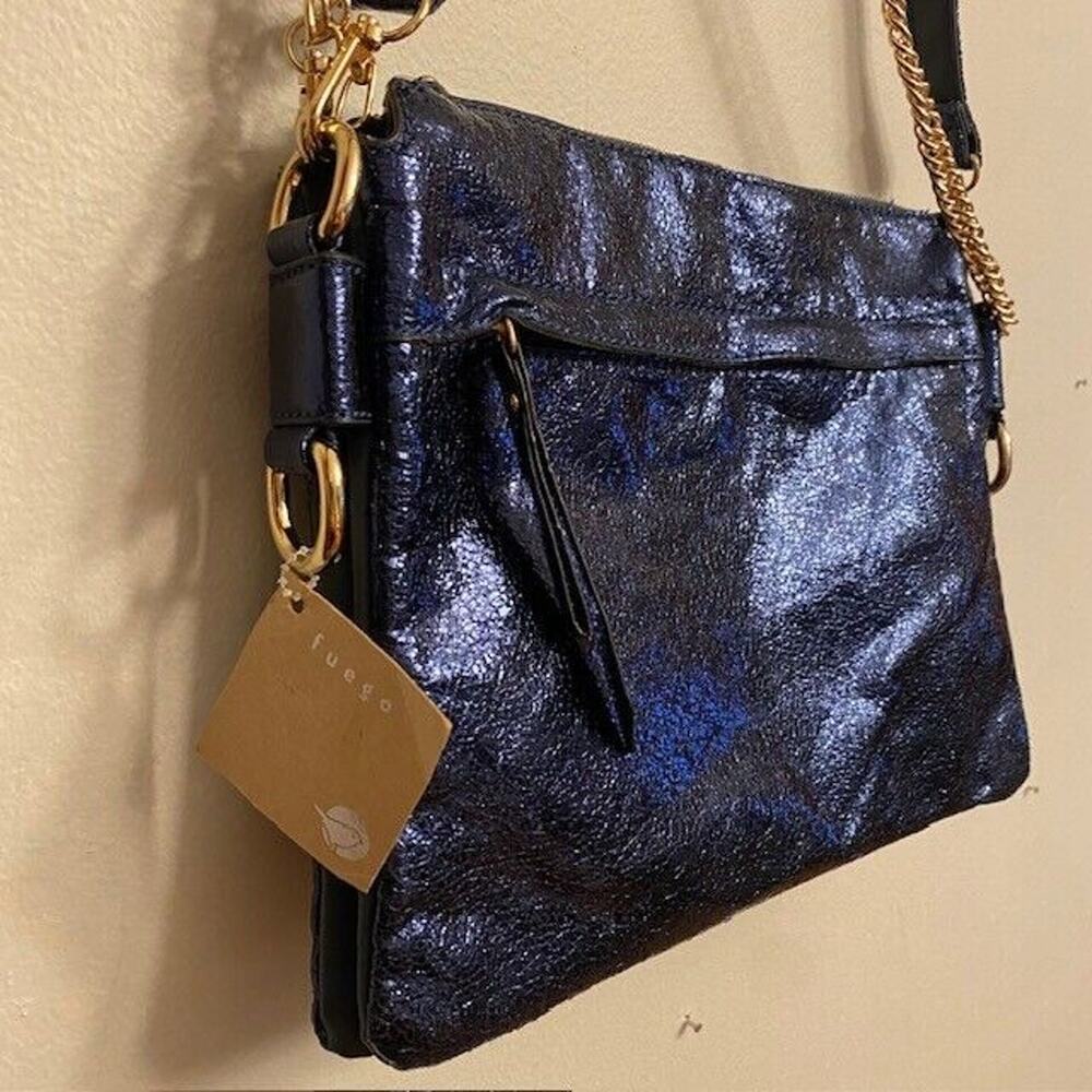 NEW Fuego Crackled Vegan Navy Blue Leather Envelope Bag Purse Chain Strap